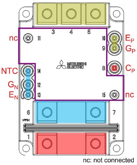 LV100 terminal layout with indication of the electrical potential (red: DC plus, blue: DC minus, yellow: AC) and available design space for the gate driver